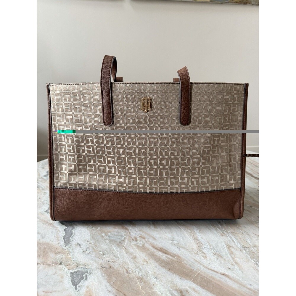 Tommy Hilfiger Monogram Canvas Tote Bag Brown Leather Trim TH Logo Preppy